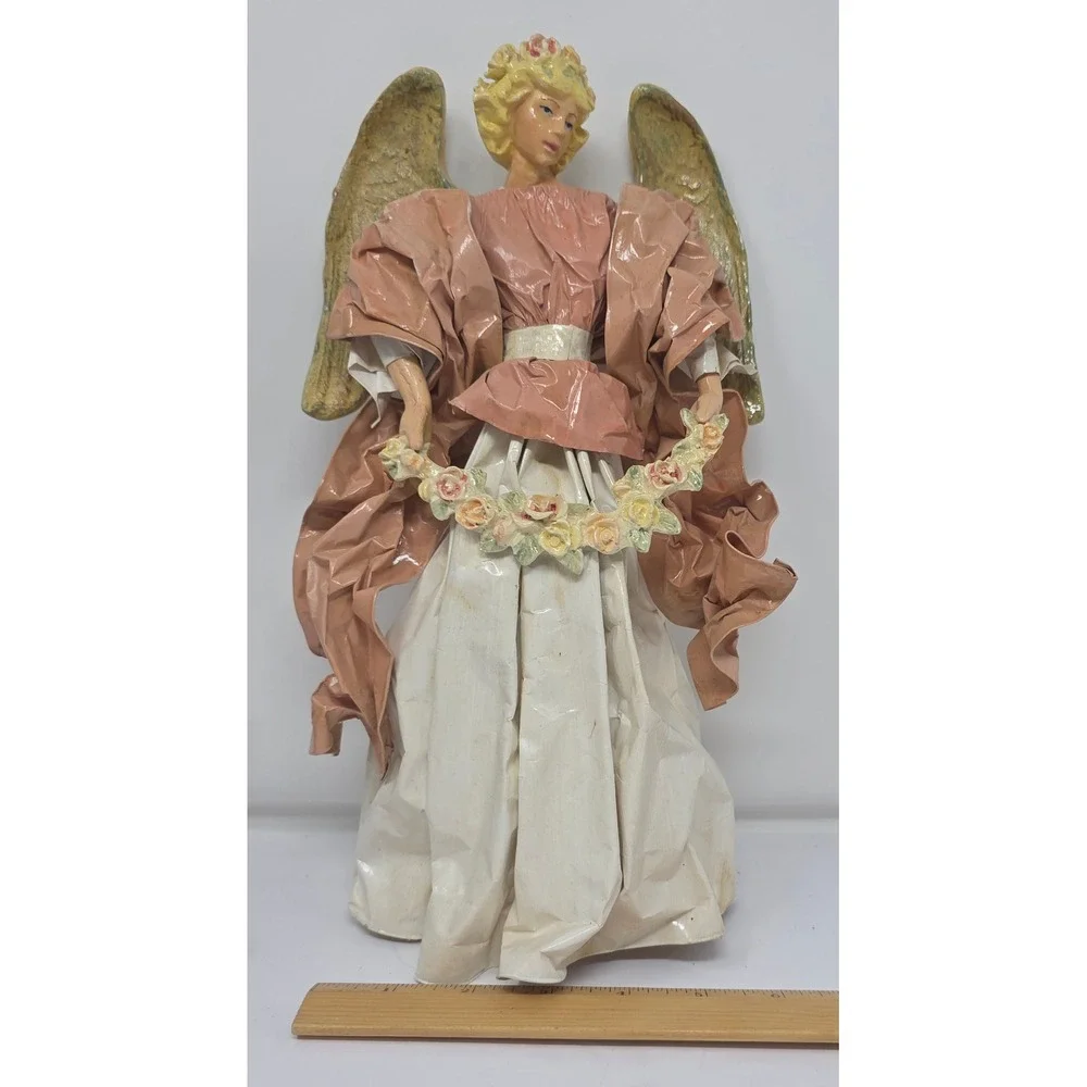 Amlings Angel Paper Mache  Christmas Tree Topper Figurine with‎ Wreath and Wings